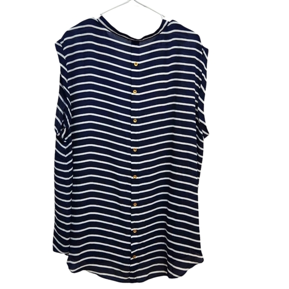 Roz & Ali Navy and White Striped Blouse With Gold Back Button Detail Plus Sz 3X - Picture 2 of 6